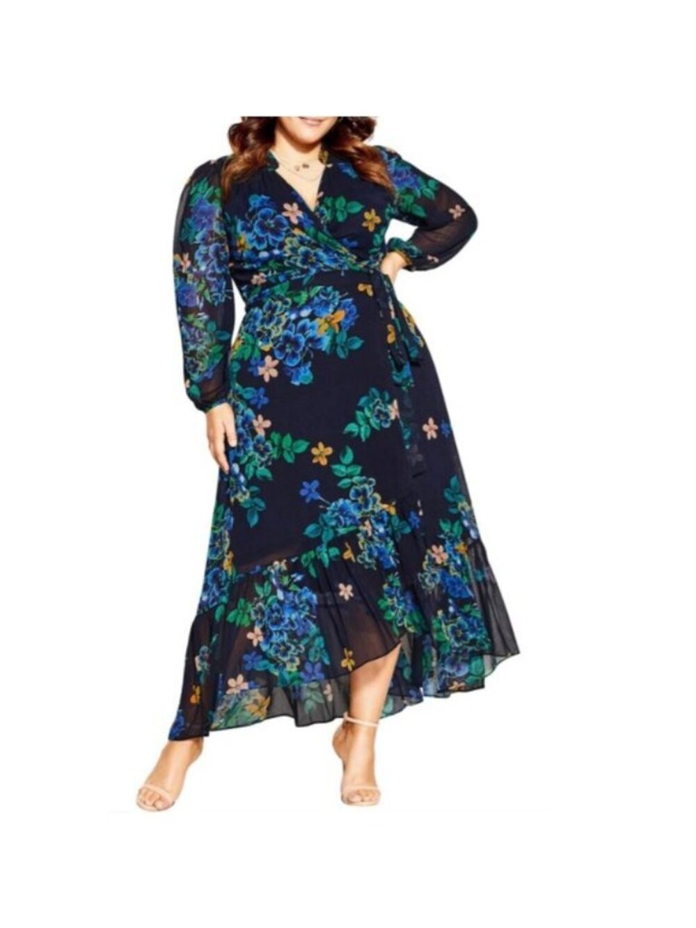 NWT City Chic Womens Black Green Floral Long Sleeve Maxi Wrap Dress PLUS XXS/12